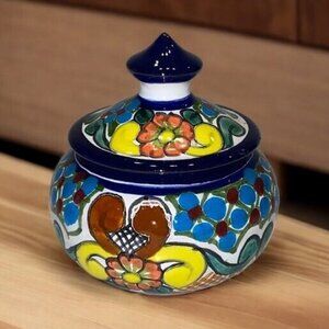 Small Trinket Dish Bowl with Lid Colourful Mexican Clay Glazed Pottery Signed